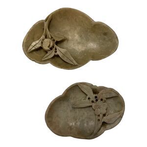 Pair vintage midcentury handcarved soapstone trinket dishes green fruit floral